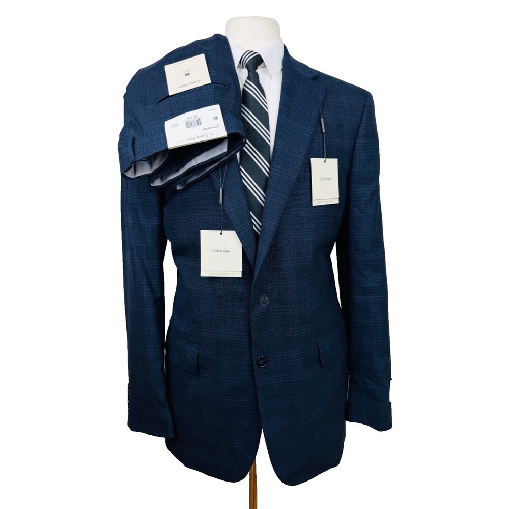 $680 NEW CALVIN KLEIN MENS 46L BLUE CHECK SLIM 2 PIECE SUIT W/ DRESS PANTS 38X32